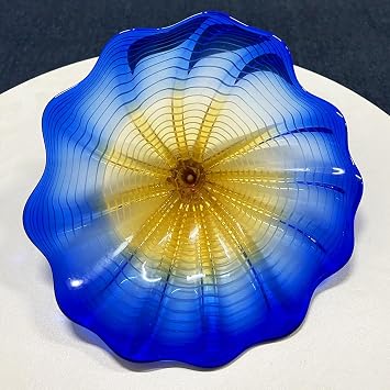 Vcozar 1PC Modern 12 Inch Blue Yellow Hand Blown Art Glass Platter Wall Decor for Walls Middle Part with Tiny Bubbles Unique Blown Glass Wall Art Blue Accent for Staircase Hallway Living Room Kitchen