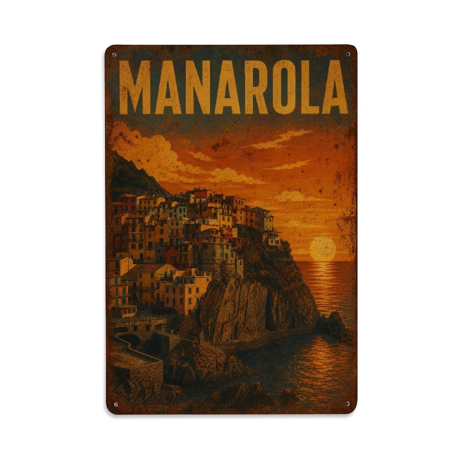 Huiyhb 8X12inch(20X30cm) Vintage Travel Manarola Sunset Vista Golden Evening Italy Metal Tin Sign