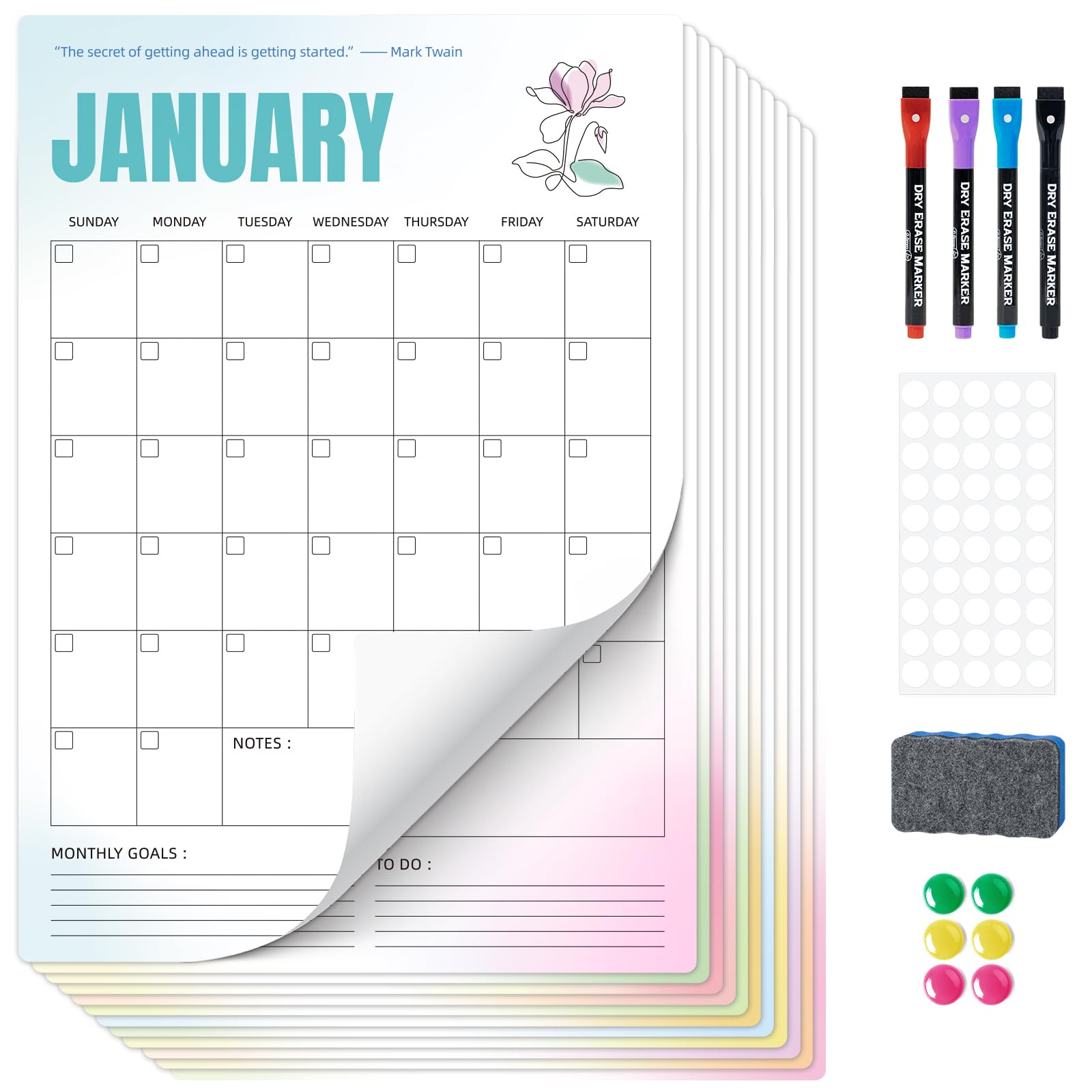 Ospelelf Undated Dry Erase Wall Calendar 12 Month, 12" x 17" Laminated Fridge Calendar 2026 Monthly Office Calendar, 12 Sheets