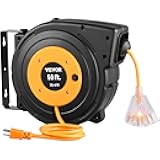 VEVOR Retractable Extension Cord Reel, 50 FT Heavy Duty 14AWG/3C SJTOW Power Cord with Lighted Triple Tap Outlet, 13 Amp Circuit Breaker, 180° Swivel Bracket for Ceiling or Wall Mount