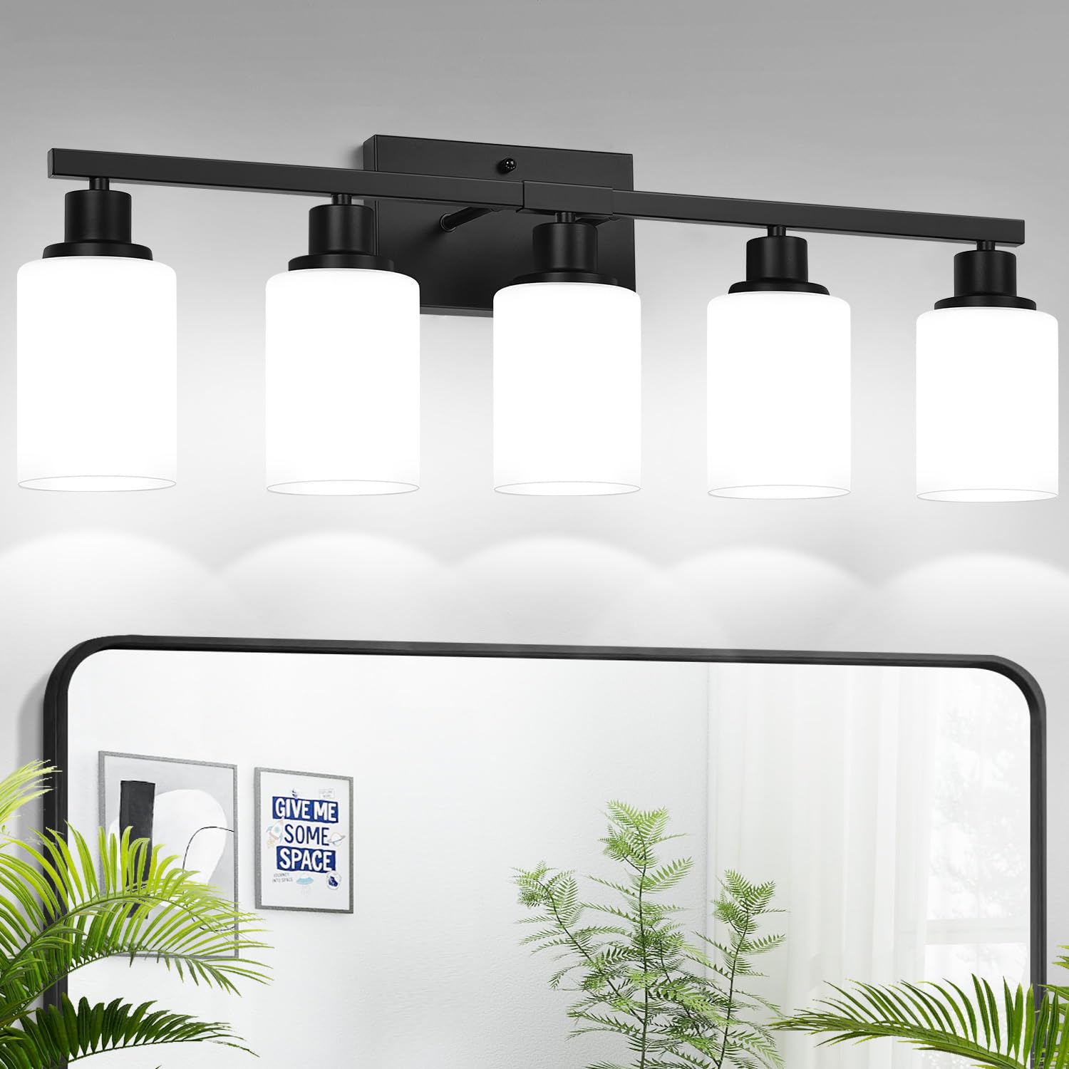 Photo 1 of **DAMAGED THIS INCOMPLETE** 5-Light Bathroom Light Fixtures, Vanity Light with Milky White Shades, Matte Black Bathroom Light Fixtures Over Mirror, Modern Bathroom Wall Lamp for Mirror Living Room Cabinet Bedroom