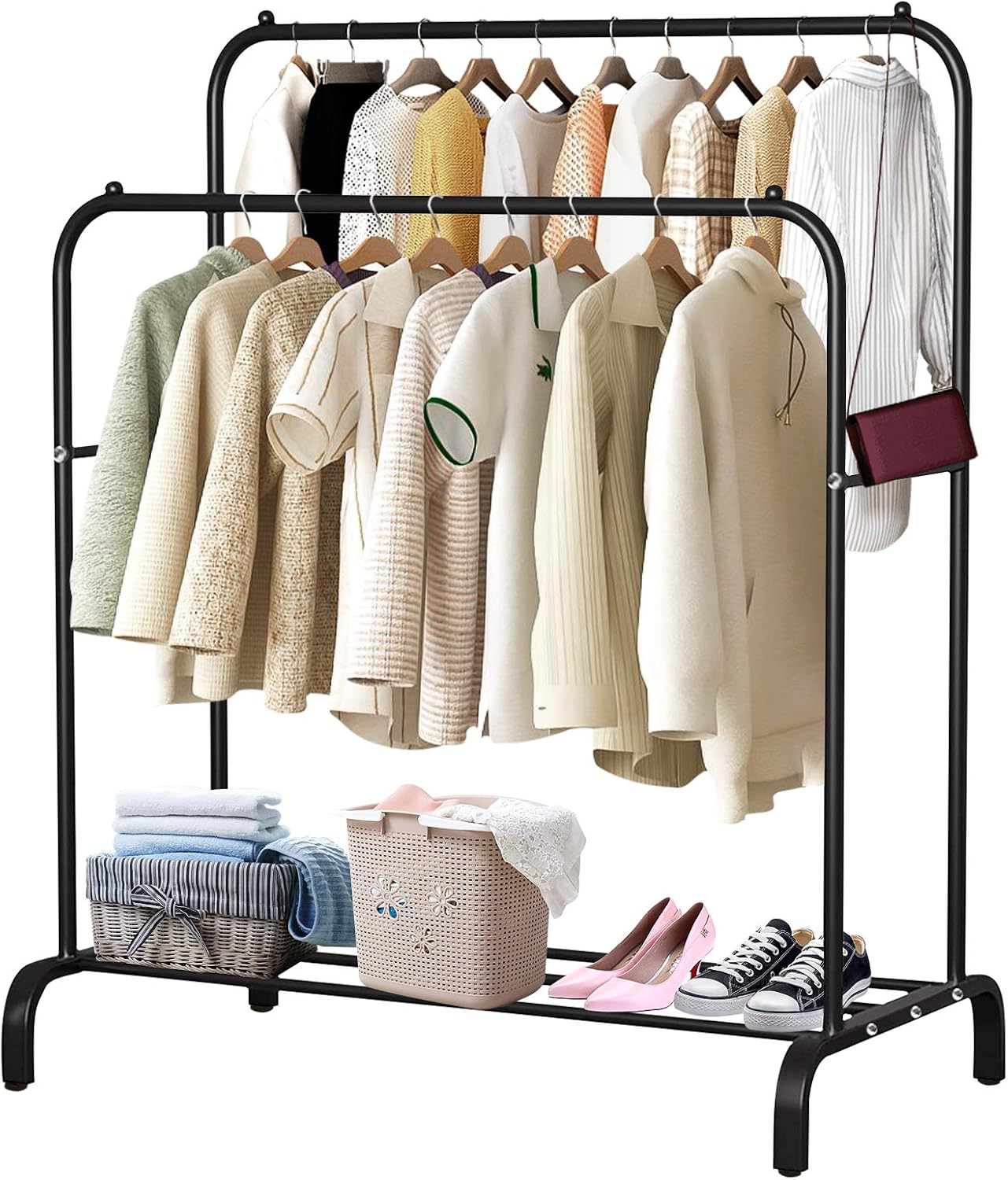 Voilamart Double Hanging Rails for Clothes Heavy Duty Garment Rail Free Standing Metal Clothing