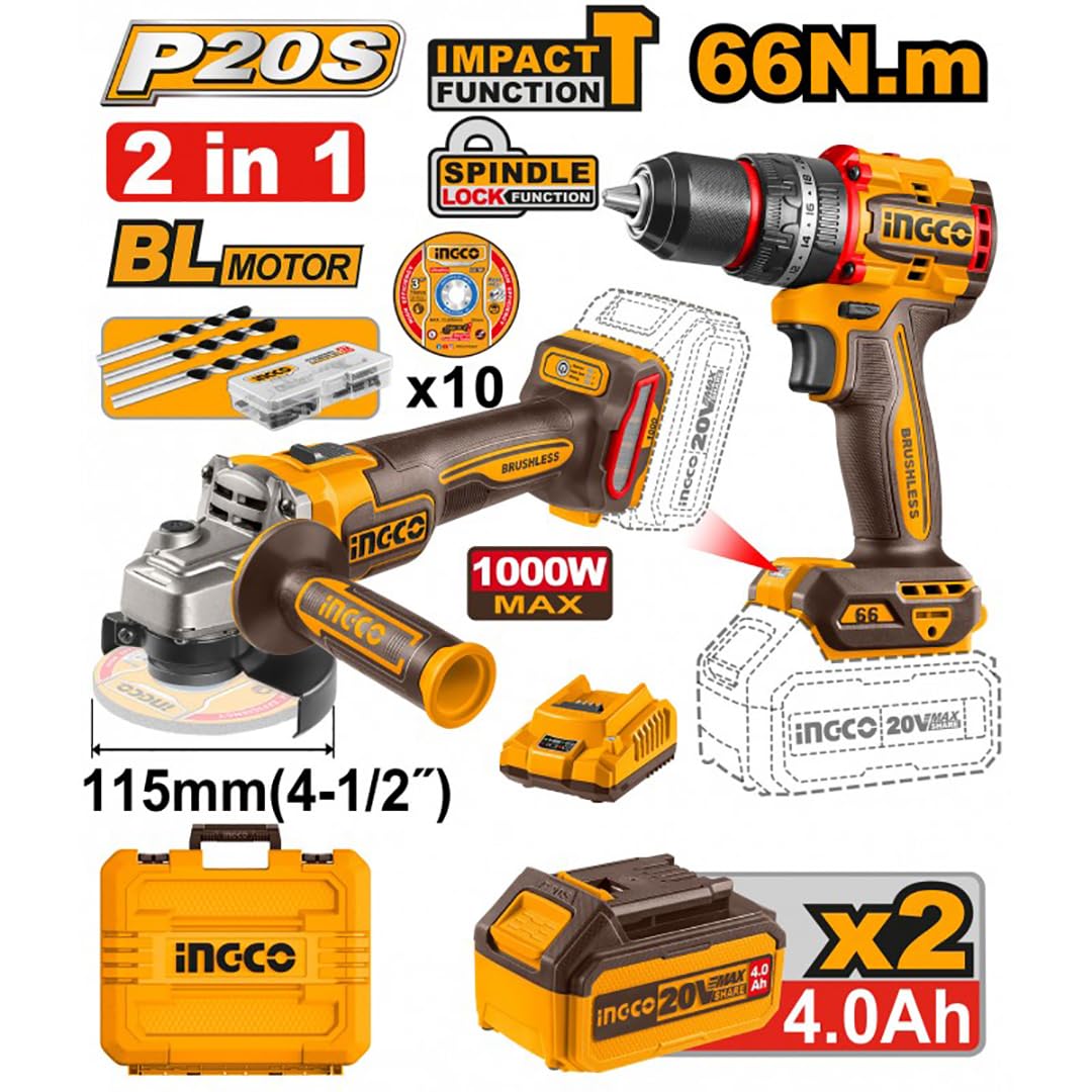 Ingco Ckli20273e Set Smerigliatrice Angolare 115 mm e Trapano a Percussione a Batteria 20 V e 2 Batterie 4 ah in Valigetta