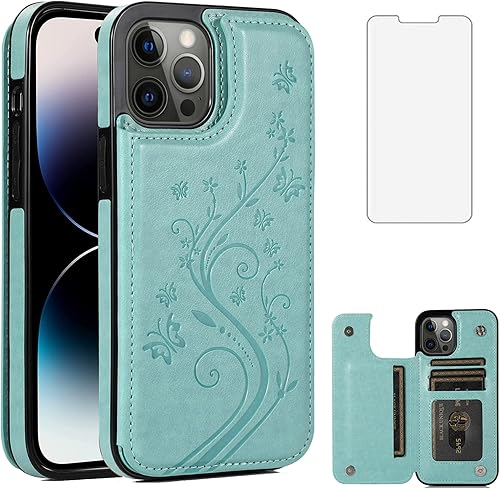 Funda compatible con iPhone 15 Pro Max de 6.7 pulgadas con protector de pantalla de vidrio templado y tarjetero con soporte para tarjetas, funda de