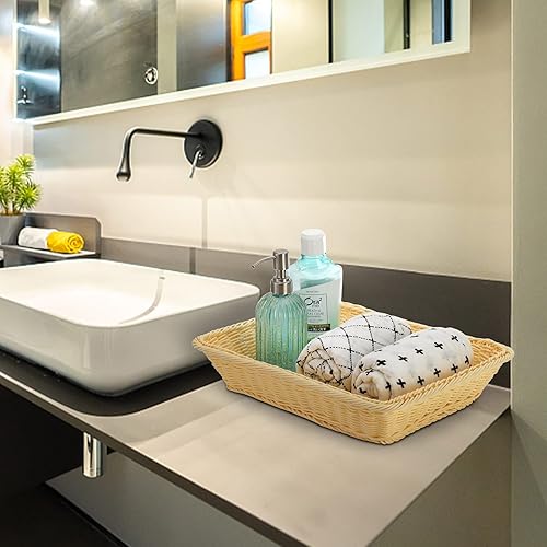 Miniatura 6 de Yarlung Paquete de 3 cestas de pan tejidas, 16 x 12 pulgadas, cestas de frutas de mimbre de polietileno de imitación para servir alimentos,