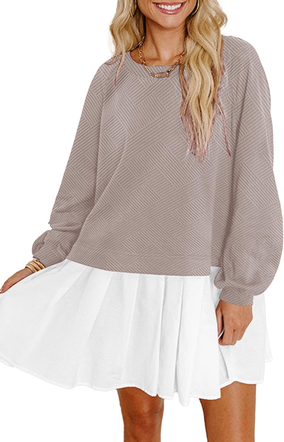 SAUKOLE Women's Oversized Patchwork Sweatshirt Dress – Long Sleeve, Lapel Neck, Pleated Hem, Casual Comfort
