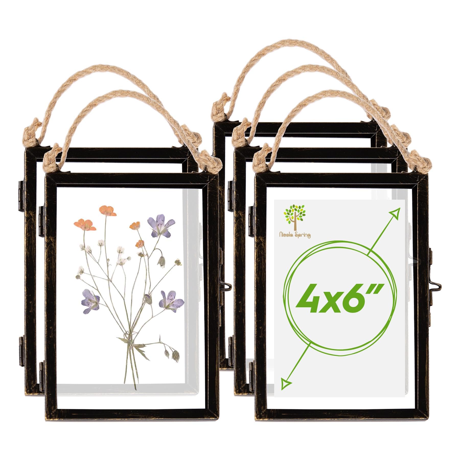 Nicola Spring Metal Hanging Photo Frames 4x6 Inch (10.5 x 16cm) - Set of 5 Black Vintage Glass Picture Frames with Rope for Wall Display - Rustic Industrial Home Décor for Photos & Art