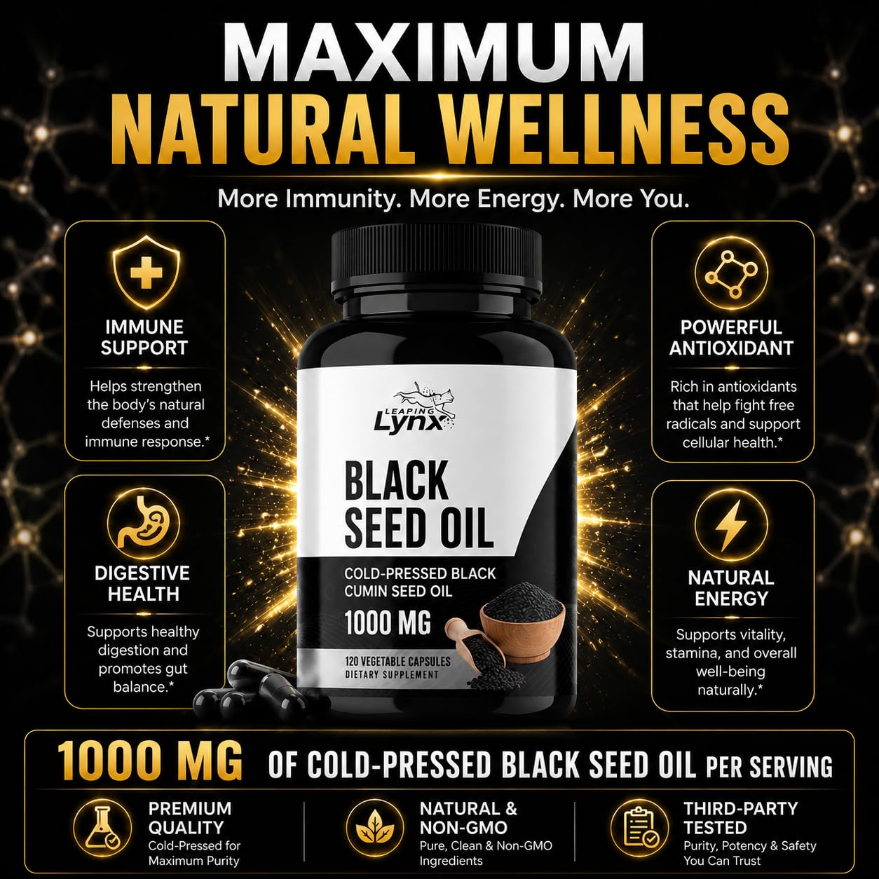 Leaping Lynx Black Seed Oil 1000mg Capsules – Cold-Pressed Nigella Sativa Black Cumin Seed Oil Supplement for Immune, Heart & Digestive Health – Non-GMO, 120 Capsules, 60-Day Supply — Amazon image 3