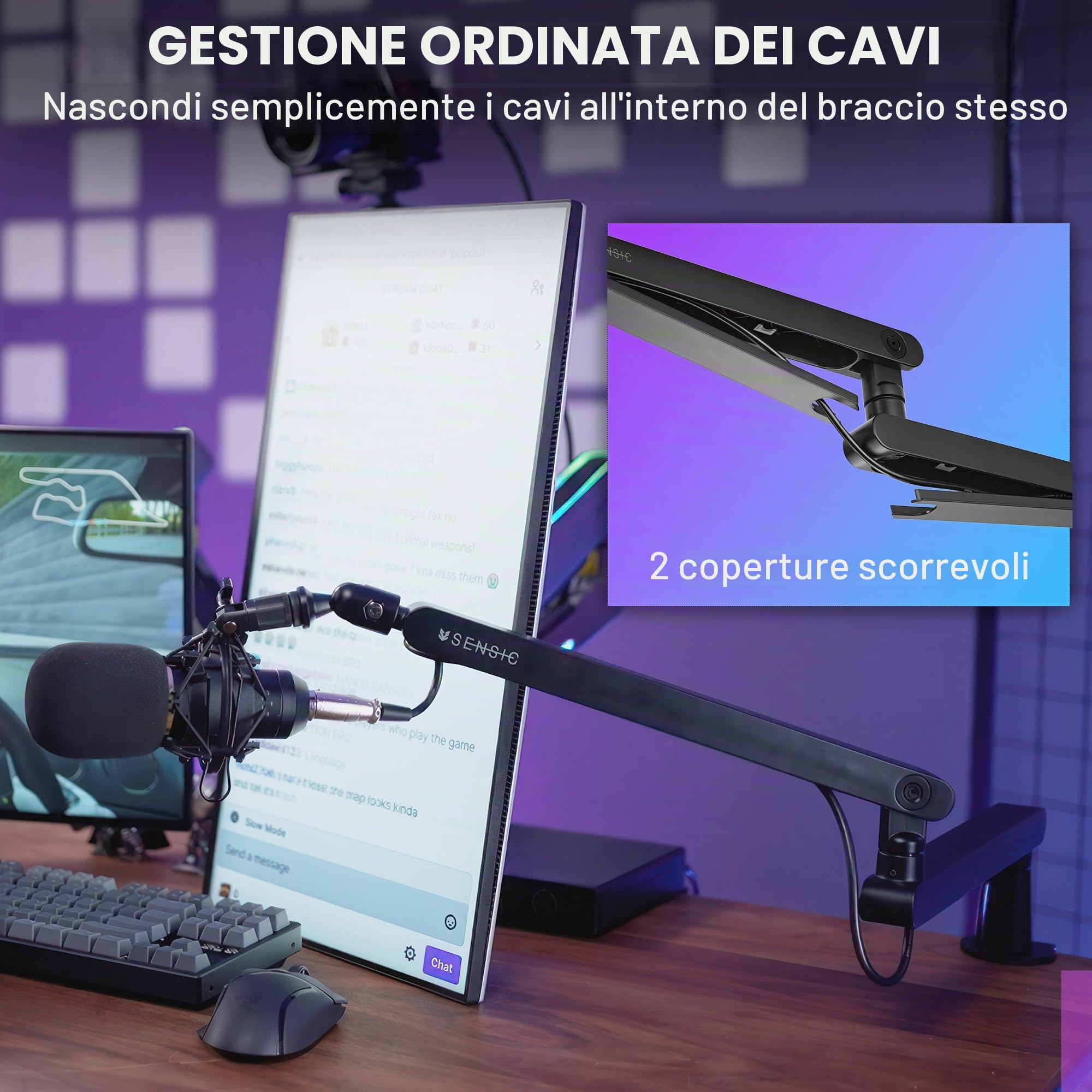 Sensic SA-30 LP Braccio per microfono a basso profilo, supporto per microfono girevole a 360°, braccio microfono a basso profilo per streaming con gestione dei cavi, supporto microfono professionale,