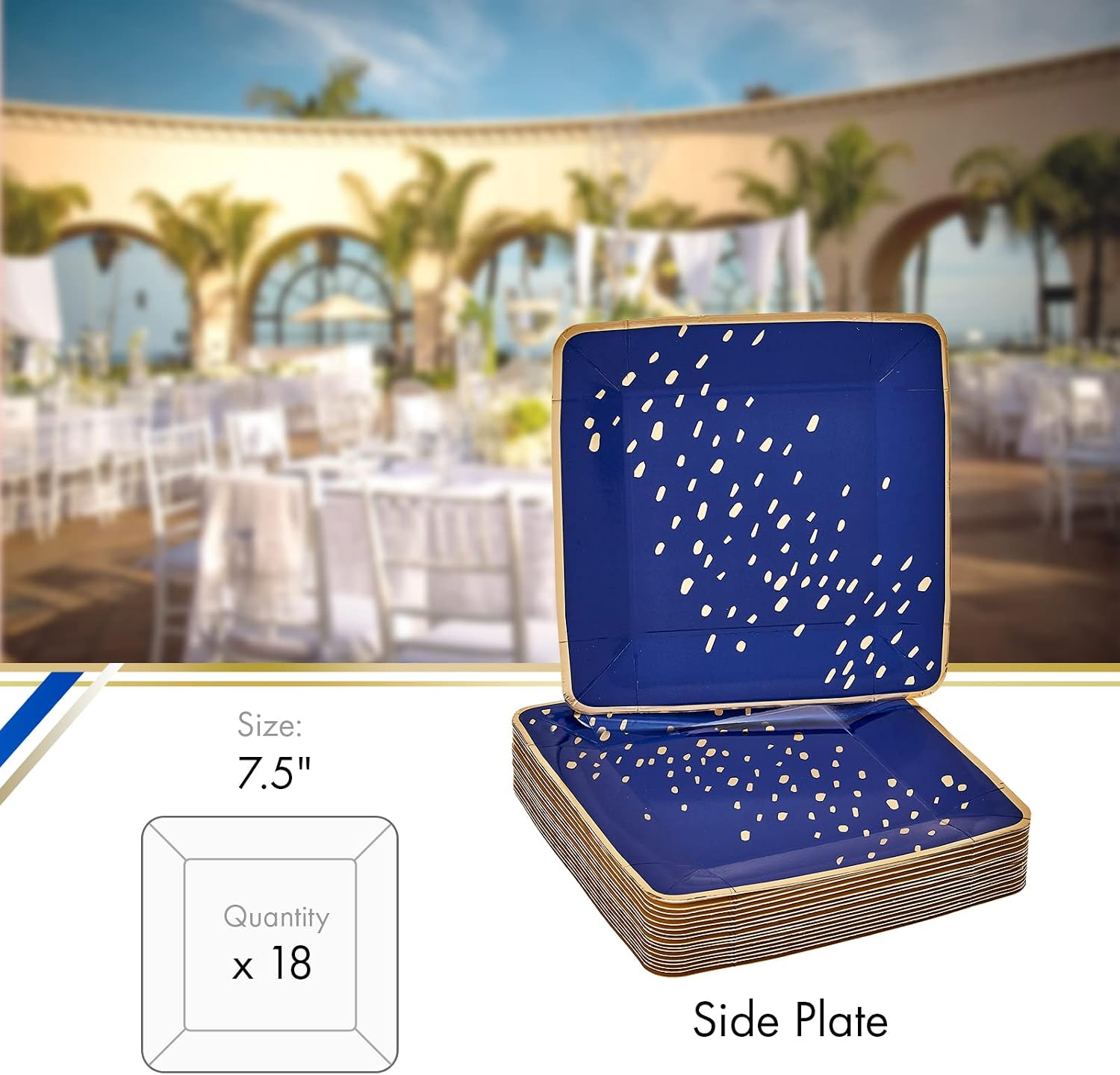 SILVER SPOONS Abstract Design Disposable Paper Plates (18 Pc) Heavy Duty Paper Plates 7 inch, Disposable Party Dessert Plates for Birthday, Square Paper Plates are Great for celebrations& Events, Blue image 4