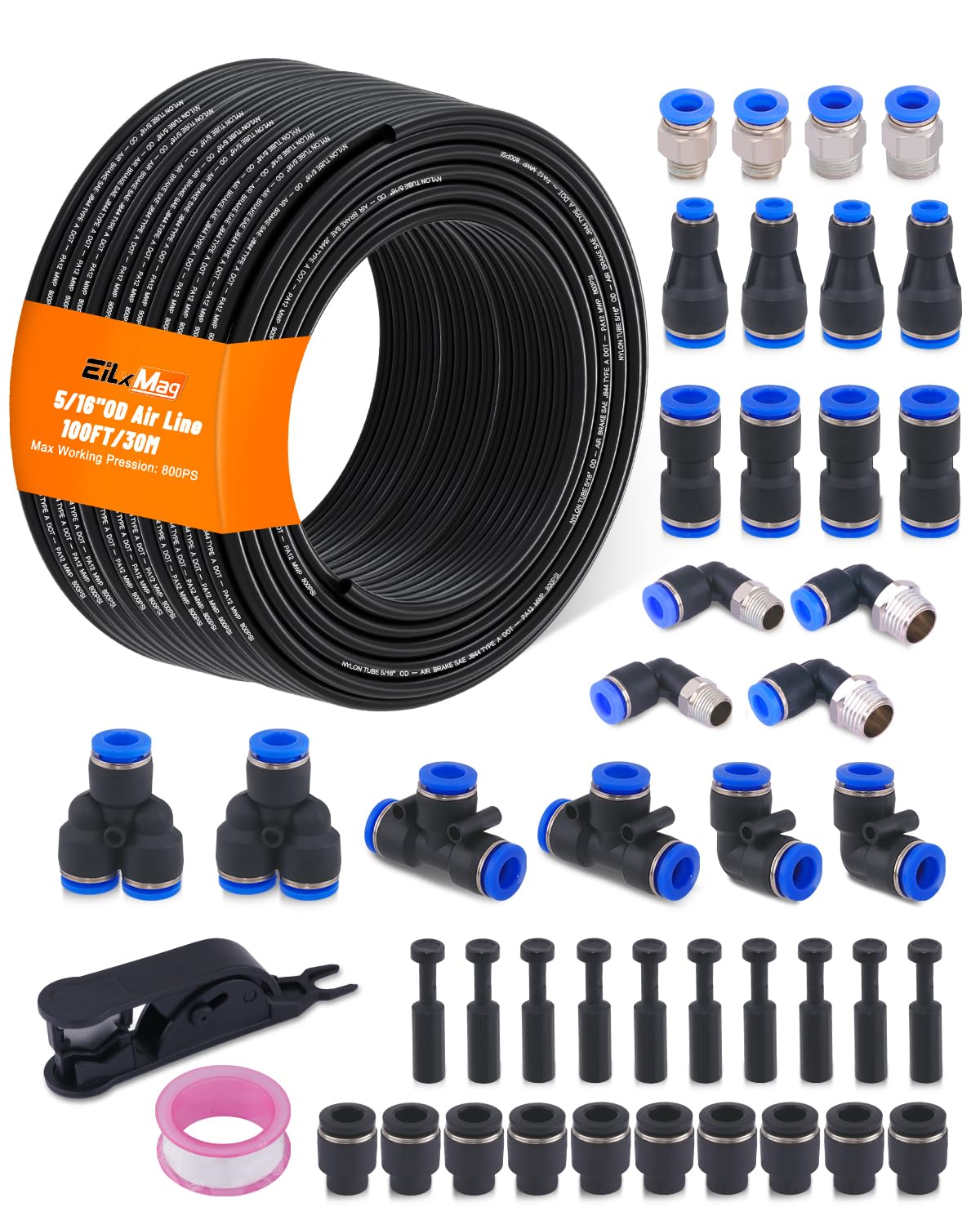 5/16" Air Line Tubing Kit, 100FT SAE J844 PA Nylon Air Hose Tubing