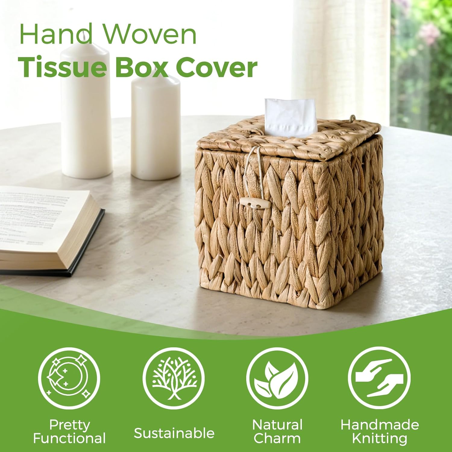 Wicker Tissue Box Cover Square, Handwoven Facial Tissue Box Holder with Lid image 2