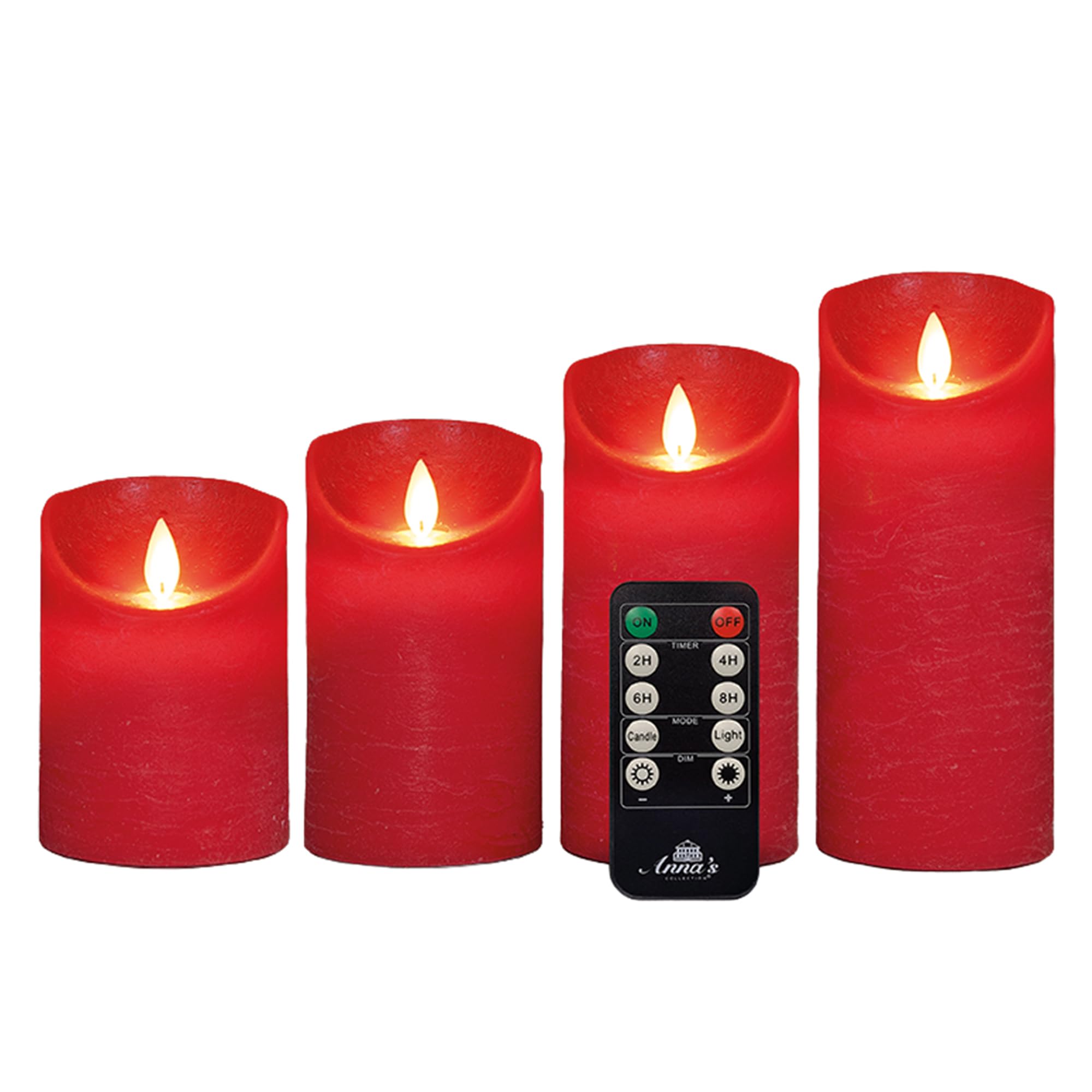 Zestaw 4 świec LED z prawdziwego wosku, migoczący płomień czerwony ø 7,5 cm (10 cm, 12,5 cm, 15 cm, 17,5 cm wysokość) świece LED z pilotem zdalnego sterowania, każda świeca wymaga 3 baterii AAA