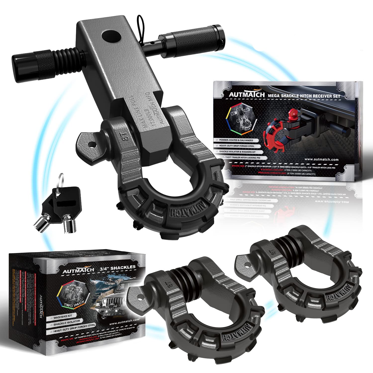 AUTMATCHMega Shackles 3/4 D Ring Shackle and 2" Shackle Hitch Receiver with 5/8" Trailer Hitch Lock Pin, 68,000 Lbs Break Strength Heavy Duty Receiver Kit for Vehicle, Gunmetal Gray