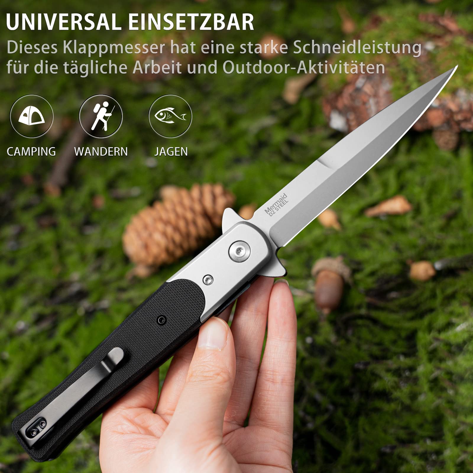 NedFoss MERMAID couteau pliant, Manche en G10, acier d2, clip ceinture couteau, couteau survie, couteau de poche, Convient à l'usage quotidien