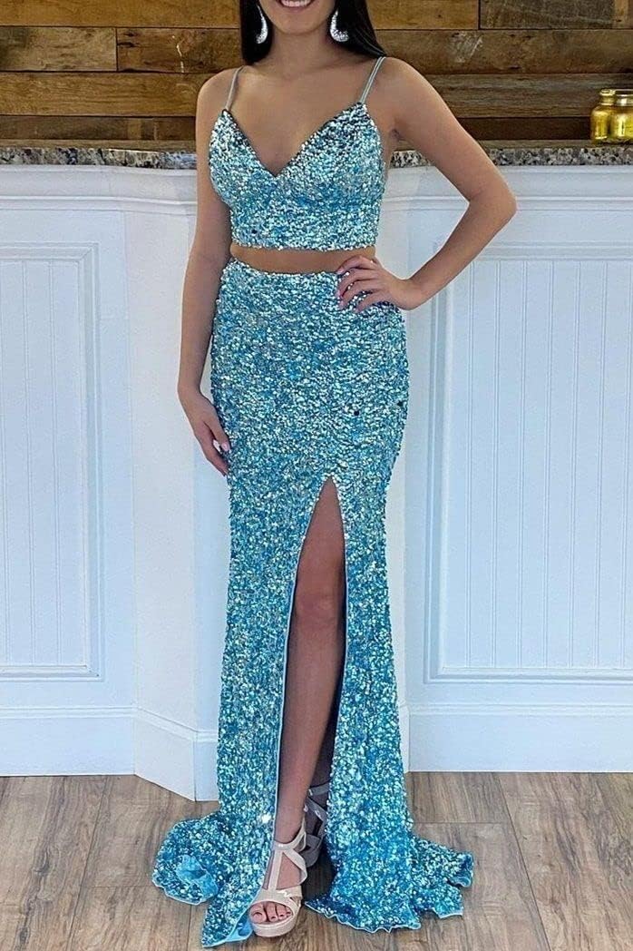 Two Piece Prom Dress Sparkly V-Neck Mermaid Sequin Bridesmaid Dress for Women Long Formal Evening Gowns with Slit TS063