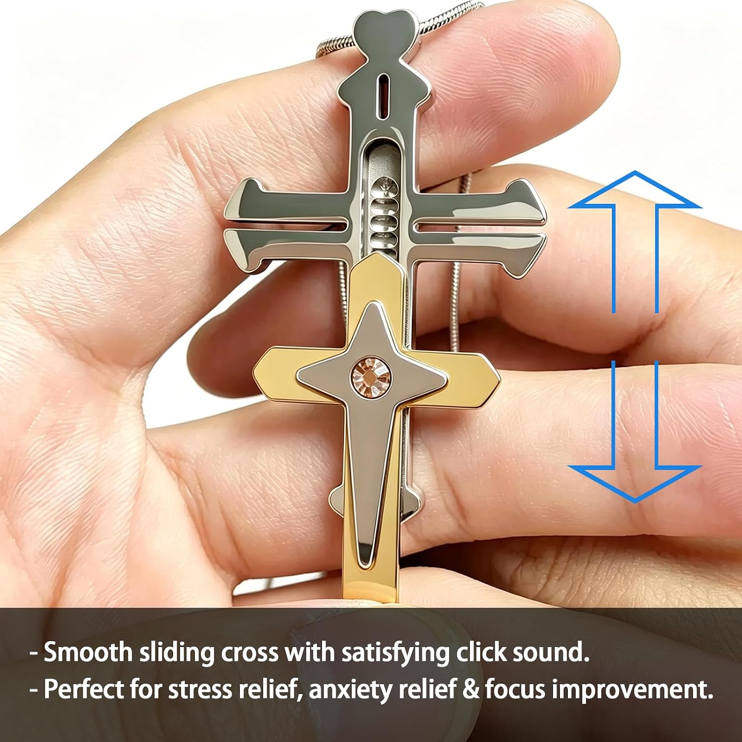 Cross Sliding Fidget Necklace, Titanium Steel Cross Pendant Necklace for Adults, EDC Sensory Toy Jewelry for Men Women, Daily Wear & Relaxation Gift (S2-Gold) image 2