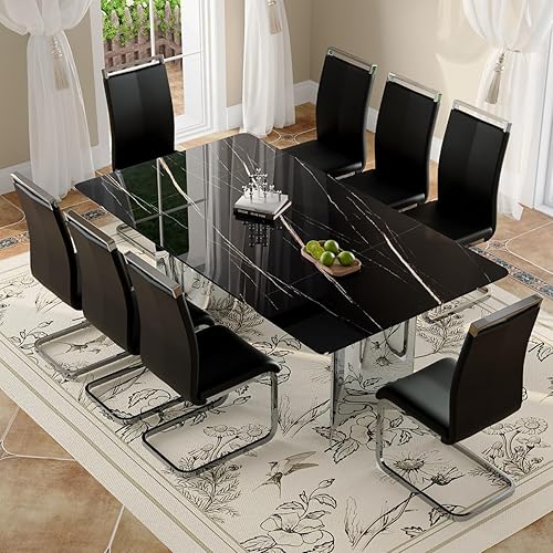 Miniatura 18 de Moderno juego de mesa de comedor para 6, 7 piezas, mesa rectangular de mármol sintético de 71 pulgadas con base de acero inoxidable plateado en