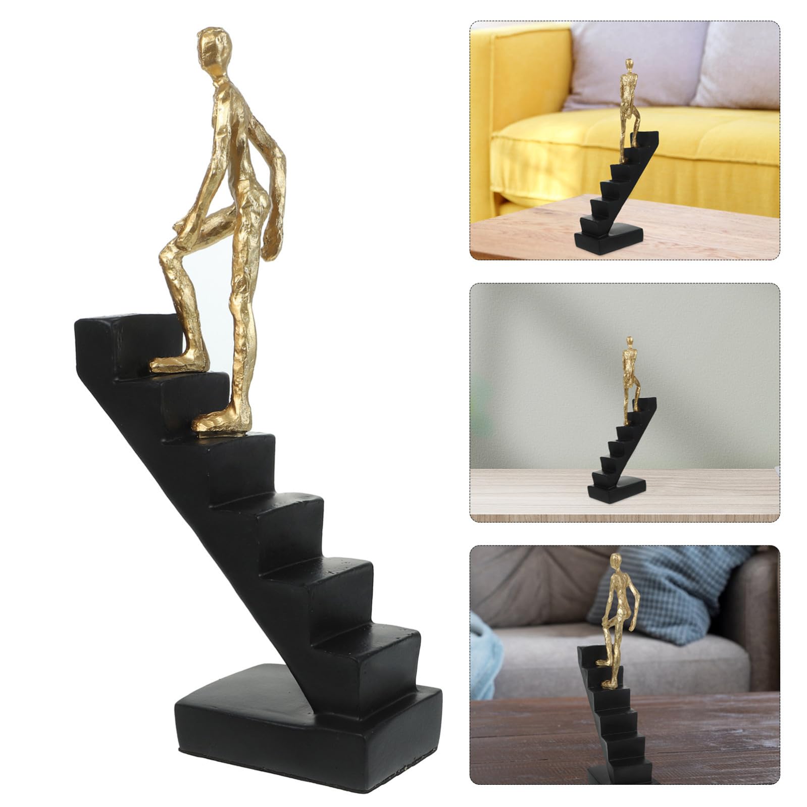 Escultura Dorada de Resina en Personaje de Escalera Abstracta Negra