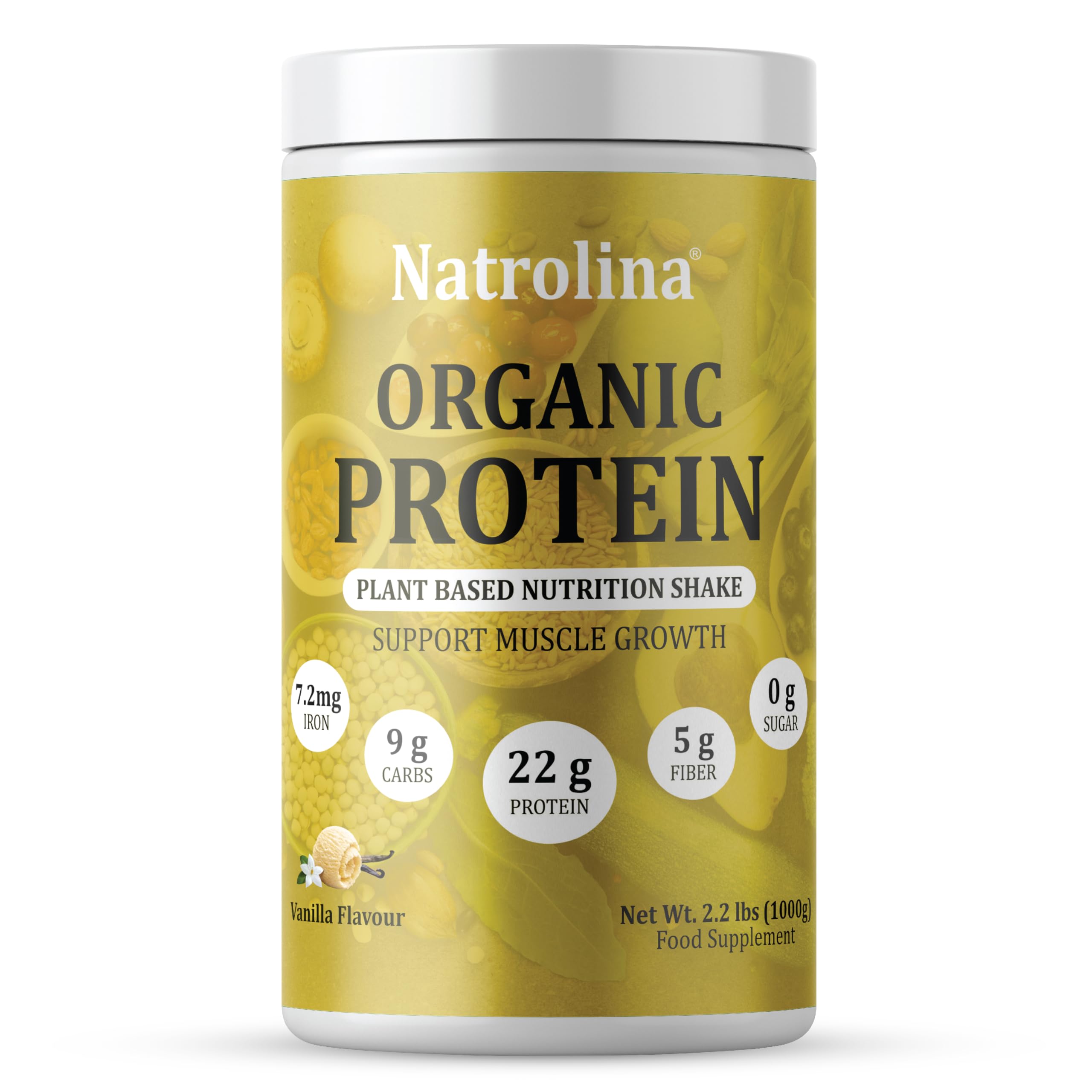 NatrolinaPlant Based Organic Protein Powder - Vanilla Flavor 1Kg 2.2 lbs, 25 Servings | 22g Protein Per Serving, Vegan Pea & Brown Rice Blend | For Muscle Support & Balanced Nutrition | Sugar-Free