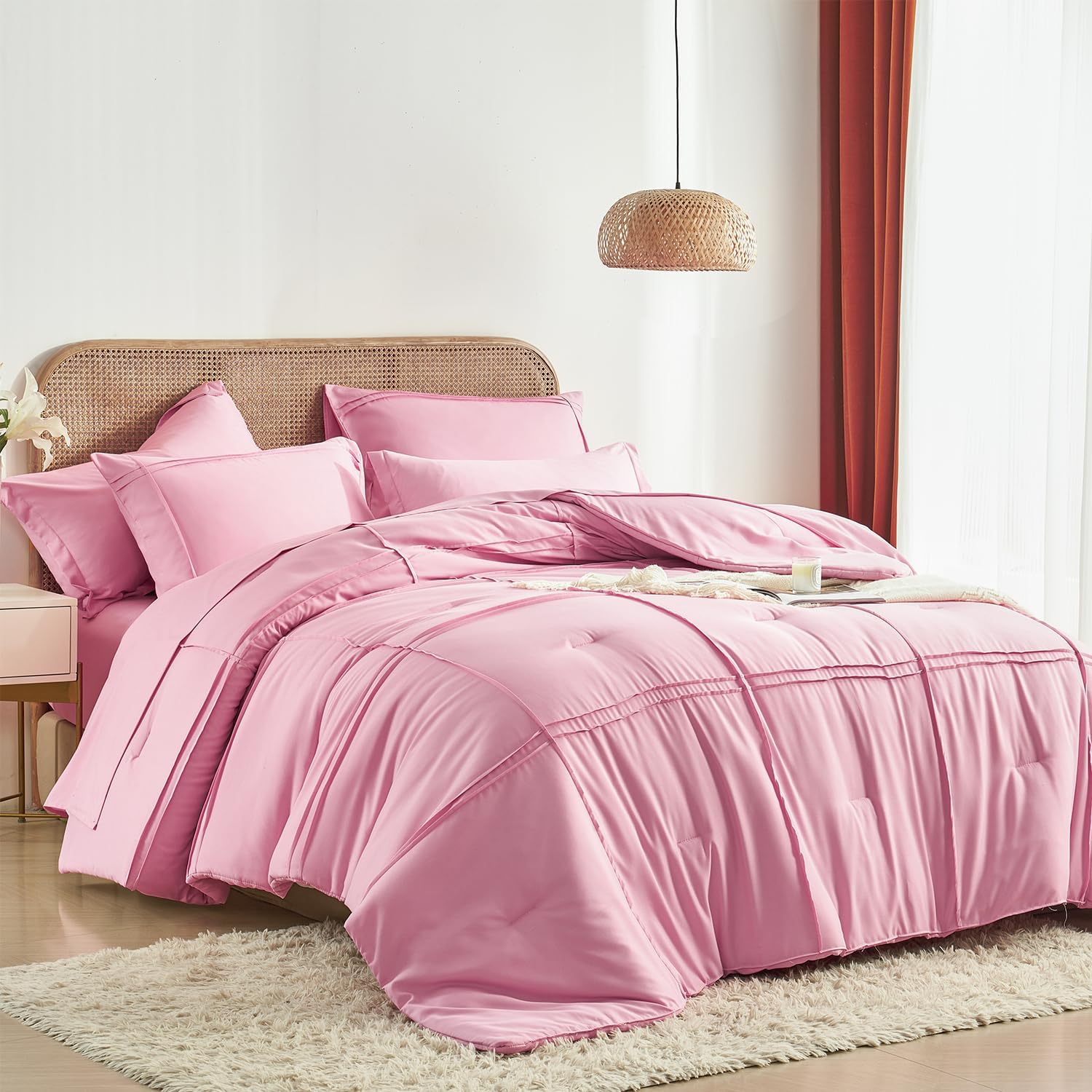 Yogeneg Full Size Comforter Set 7 Piece Bed in a Bag,Grid Pinch Pleat Pink Bedding Set,Striped Textured Soft Microfiber Comforter with Sheet Set,All Season Complete Bed Set(Pink,Full)