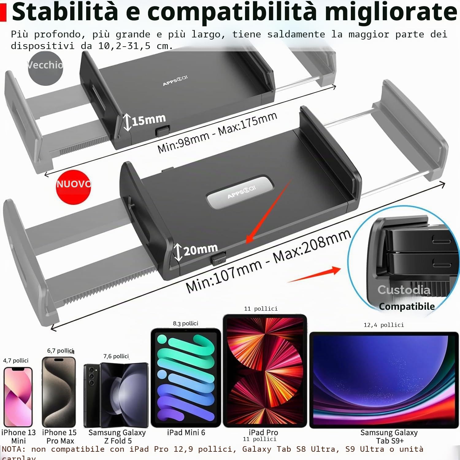APPS2Car Portabicchieri Auto Supporto Tablet 4,3-11 pollici iPad Mini Air Pro iPhone Smartphone