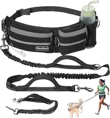 Vista 10 de Correa para perro con cinturón, costuras reflectantes, asas dobles, diseño retráctil elástico, perfecto para correr, negro, adecuado para perros