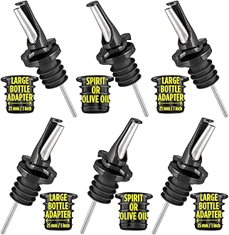 POURA 3-in-1 Liquor Pour Spout, BPA-Free Rubber & Fruit Fly Protection - Dishwasher Safe Speed Pourer for Alcohol, Olive Oil, Juice, Syrup – 6 Pack Black with Large Bottle Adapters