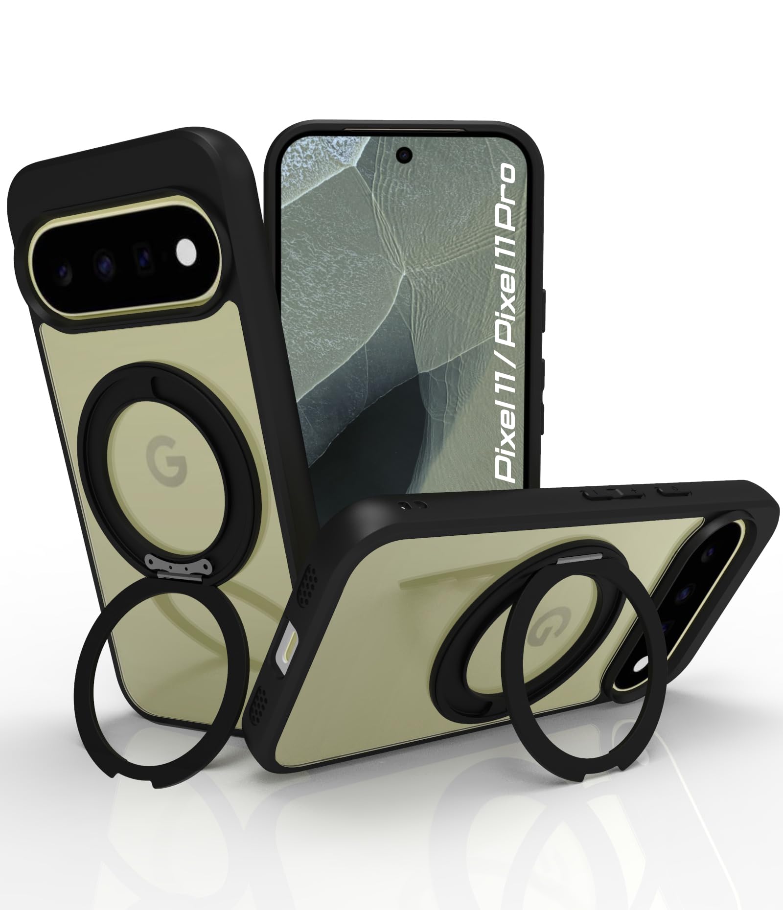 riggear shockproof sleek hybrid armor 360° rotating magnetic ring stand back cover case compatible with magsafe accessories for google pixel 11 / pixel 11 pro (clear pc + black tpu bumper)