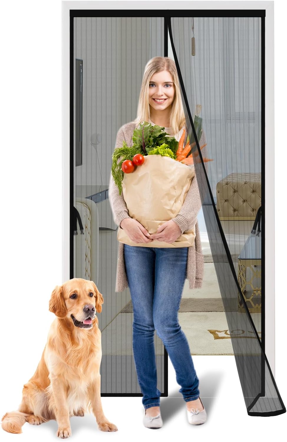 Iduontis Magnetic Screen Door - Fits Door Opening 36 x 82 in, Actual Screen Size 38"x83", Hands Free Mesh Partition,Heavy Duty Curtain Keeps Bugs Out, Frame Hook & Loop, Pet and Kid Friendly
