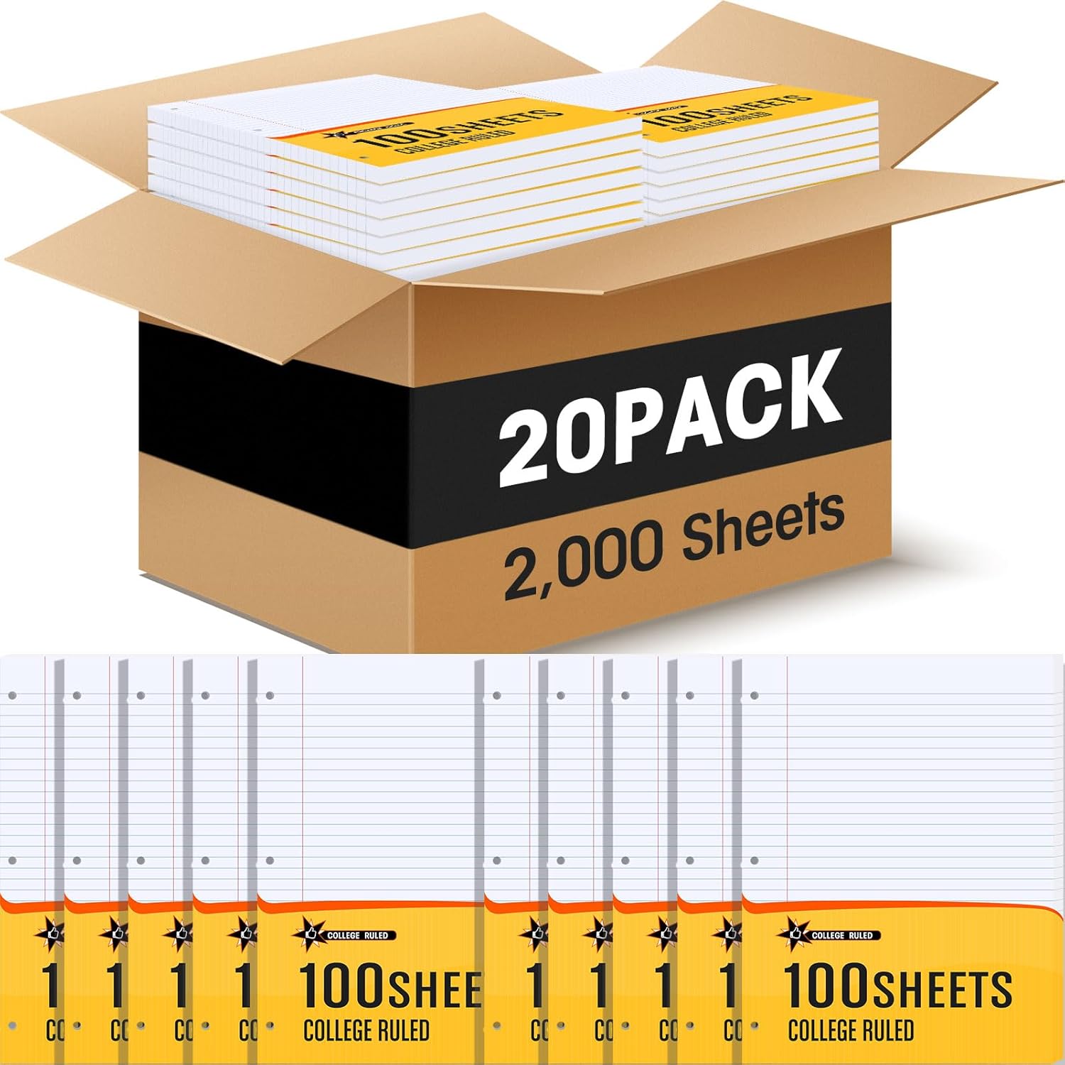 Fainne 20 Pack Notebook Paper Bulk College Ruled 8 x 10.5'' College Ruled Loose Leaf Paper Bulk Notebook Paper Lined Filler for 3 Ring Binders for College School Classroom 100 Sheets Per Pack