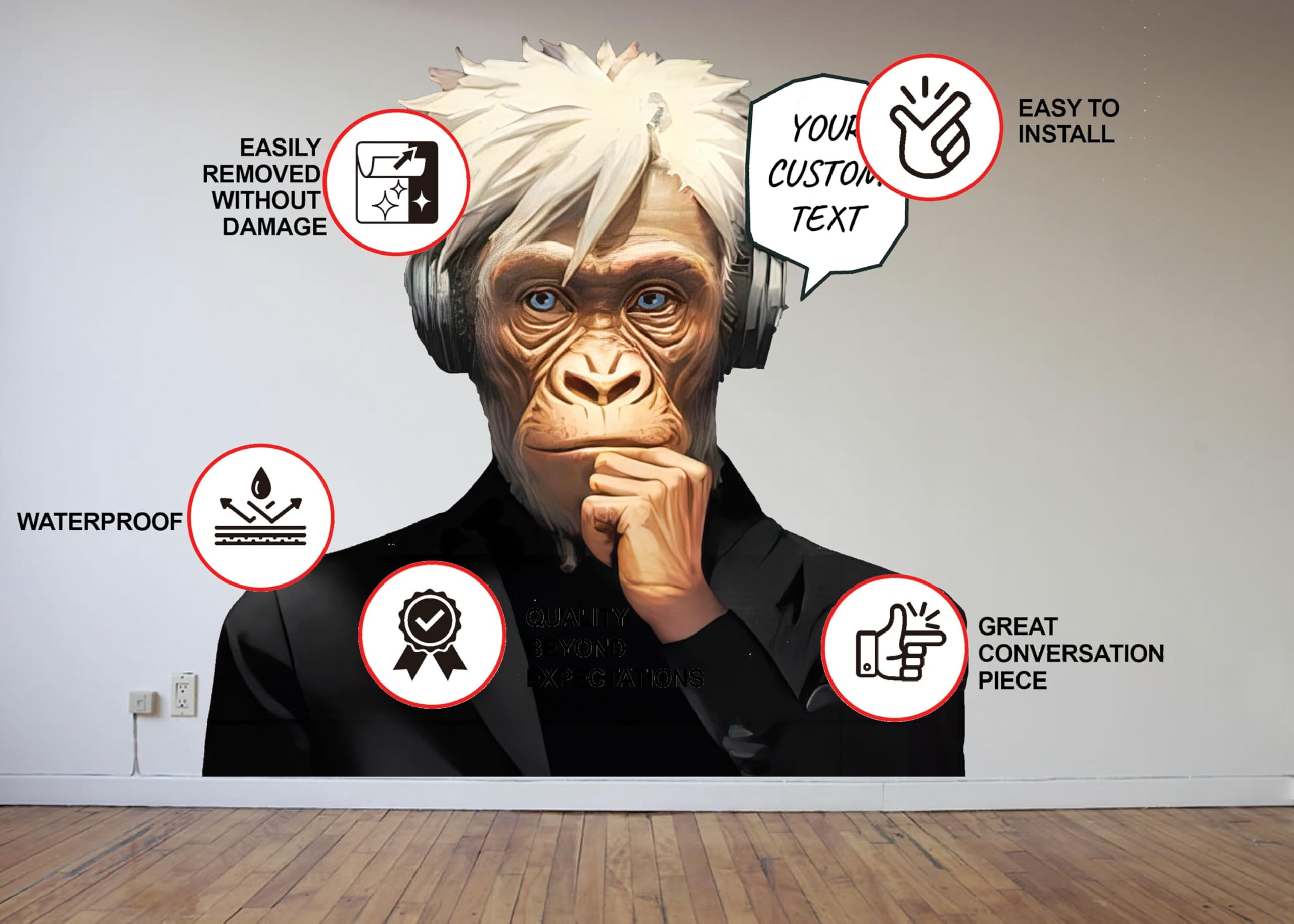 Wise Thinking Monkey Sticker - Adesivo da parete con scimpanzé DJ in cuffia, personalizzabile in vinile per la stanza dei ragazzi e gli appassionati di musica
