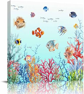 Ocean Fish Canvas Wall Art for Living Room Bedroom Colorful Coral Seaweed Paintings Summer Coastal Framed Prints Pictures Wall Decor for Home Decorations, Ready to Hang, 12''x12''