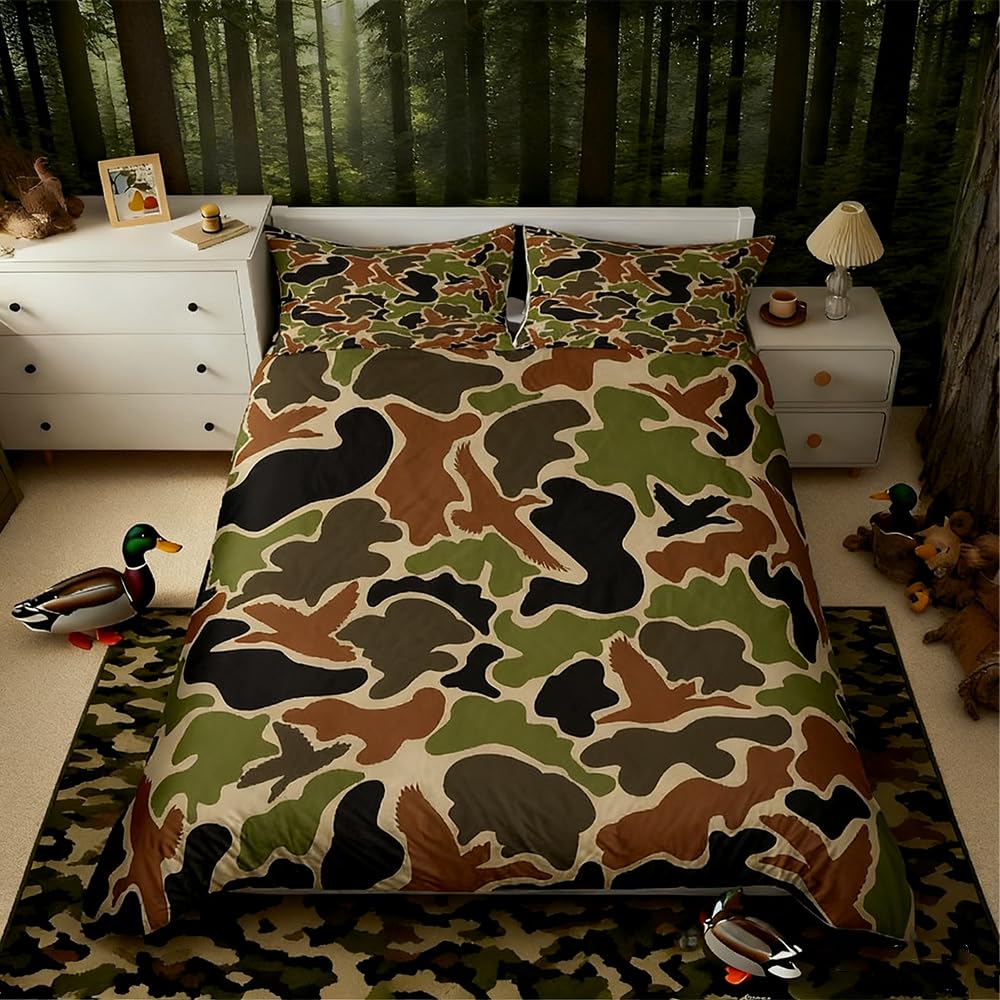 richhome Duck Hunter Green Camouflage Hunting Duvet Cover Double Black Brown Bedding Set for Boys Teens Camo Army Breathable Wild Comforter Cover Set Room Decor โ image 1