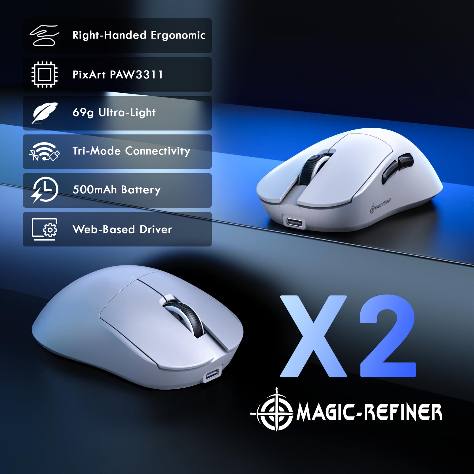 MAGIC-REFINER X2 Mouse Gaming Wireless, 24000 DPI, Ergonomico per Destrorsi, BK3633 MCU, PixArt PAW3311, 69g SUPERLIGHT, Batteria da 500 mAh, Bluetooth/2.4G/Cabalto, PC/Mac, Bianco