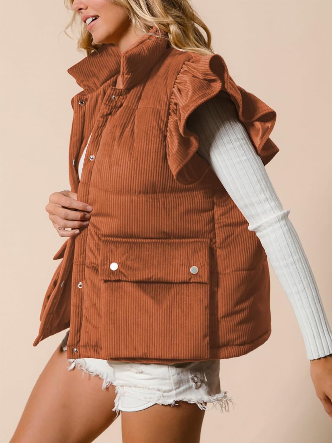 Womens Corduroy Puffer Vest Ruffle Sleeve Winter Snap Button Coats Padded Gilet with Flap Pockets