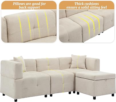 Fabric Corner Sofa with Storage Ottoman, 3-4 Seater Modular Sectional Sofa L-shaped Couch with 2 Pillows for Living Room Bedroom (Beige)
