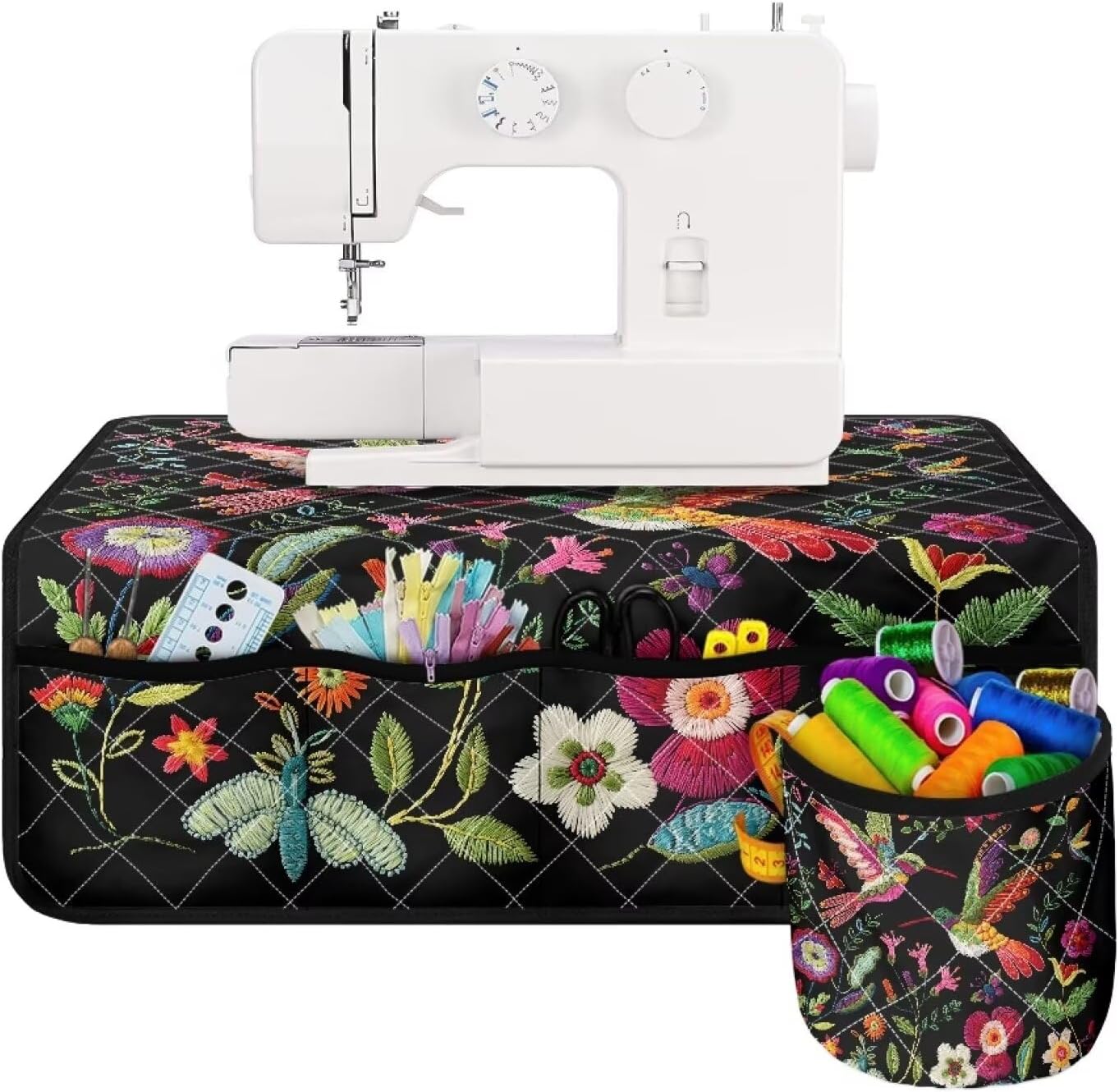 Embroidered Bird Sewing Machine Mat for Table with Storage for Sewing Accessories Muffling Mats Reduce Vibrations, Movements and Slipping