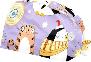 2 Pieces Working Hat with Buttons Adjustable Sweatband Bouffant Hats Unisex Tie Back Hats Animal Cats Penguin Snowman