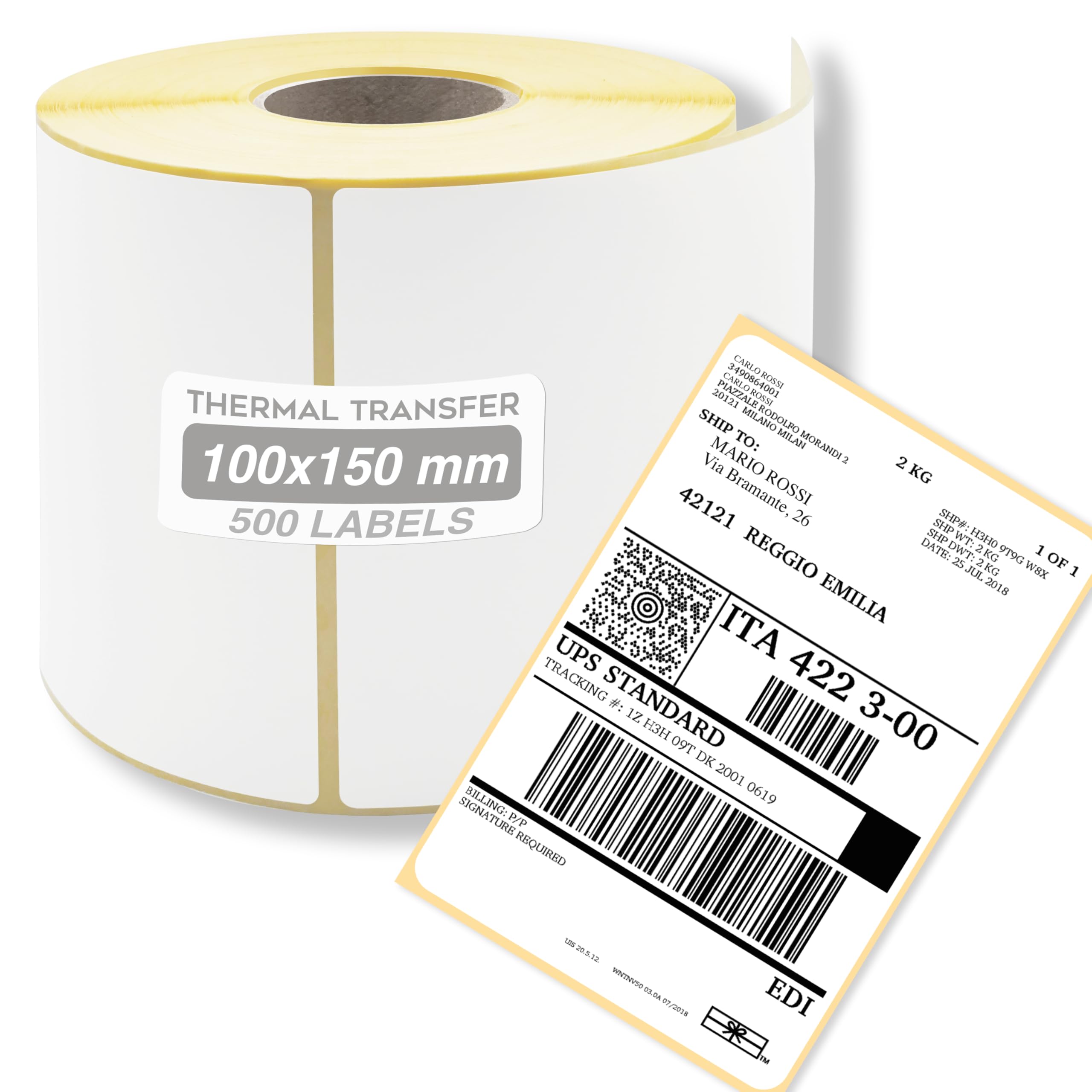 GIANTO Thermal Printer Labels 100 x 150 mm, 1 Roll of Direct Thermal Transfer Stickers, Permanent Self-Adhesive for Zebra, 40 mm Hole Core Universal (Pack of 500)