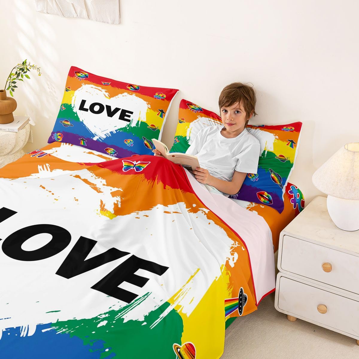 Homewish LGBT zestaw pościeli dumy podwójne geje lesbijki miłość prześcieradła kolorowe geometryczne paski pościel - tęczowe usta planeta prześcieradła zestaw 4 sztuk