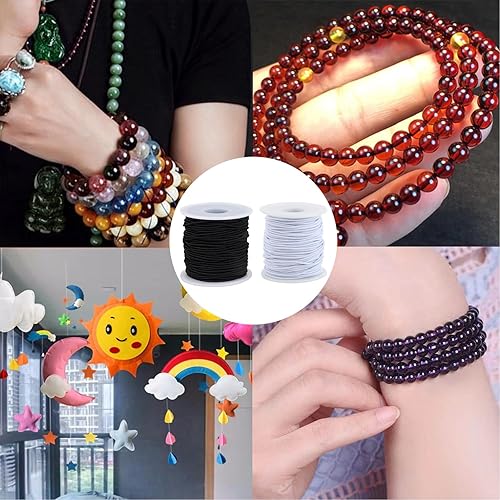 Miniatura 6 de Cuerda elástica para pulsera, 2 rollos de cuerda elástica de 0.059 in para pulseras, joyería, collares, cuentas y manualidades (negro y blanco)
