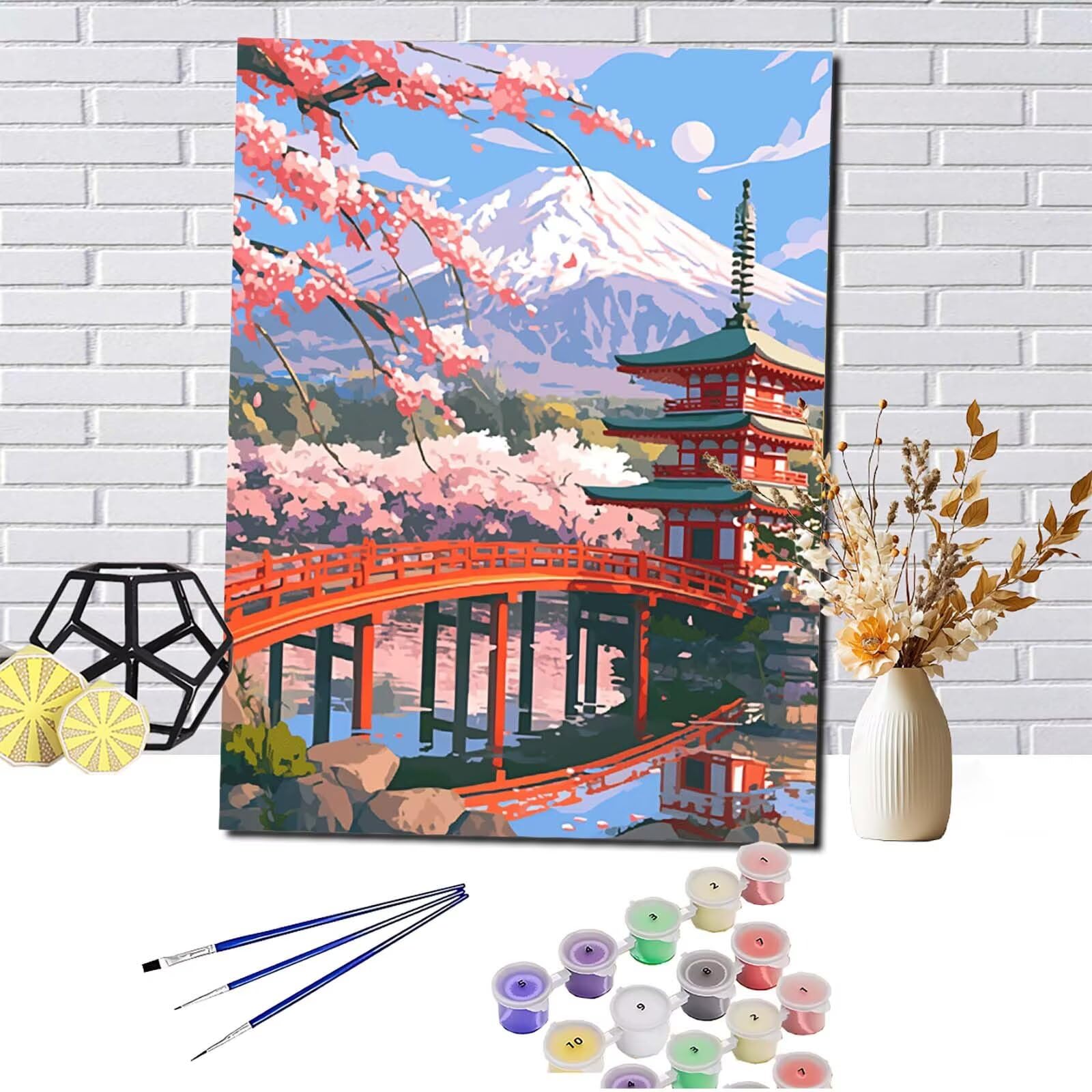 Japonia Malowanie numerami dla dorosłych, zestaw farb numerycznych dla początkujących, Mount Fuji Paint by Numbers Zestaw z pędzlami i akrylami, DIY Kreatywny wypoczynek Zestaw do ręcznego robienia