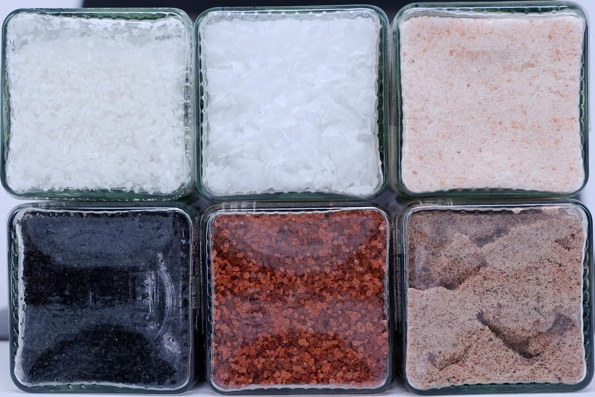 DAMUNE Sales Gourmet: Sal Negra Hawai (200g), Sal Roja Hawai (200g), Flor de Sal Delta del Ebro (150g), Sal en Escamas Chipre (100g), Sal Rosa (200g) y Sal Kala Namak (200g)