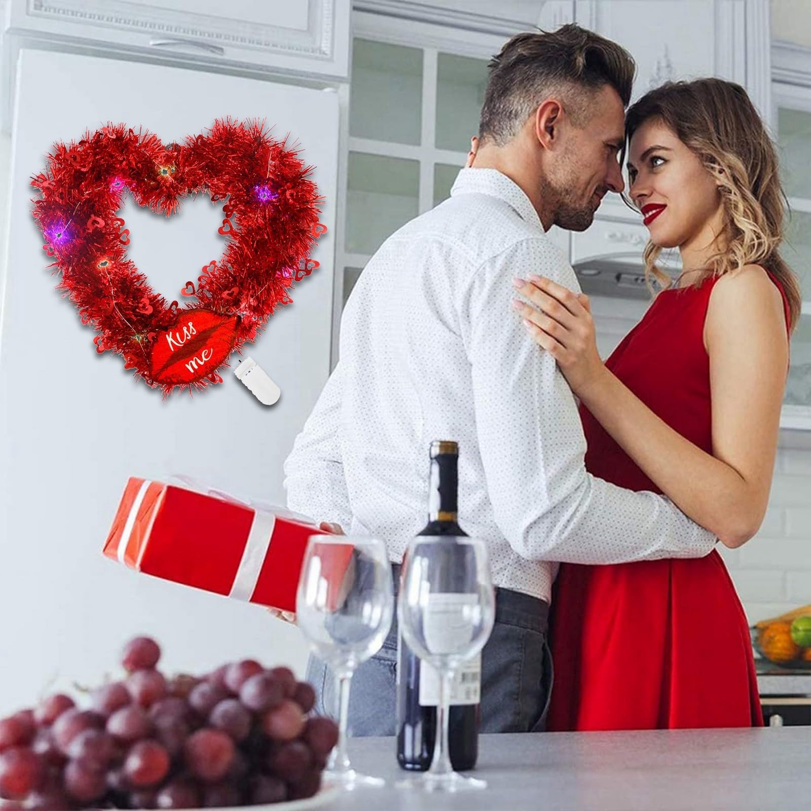 Sggvecsy Ghirlanda Di San Valentino A Cuore Con Luci LED E Bacche Rosse - Decorazione 40 Cm - 3