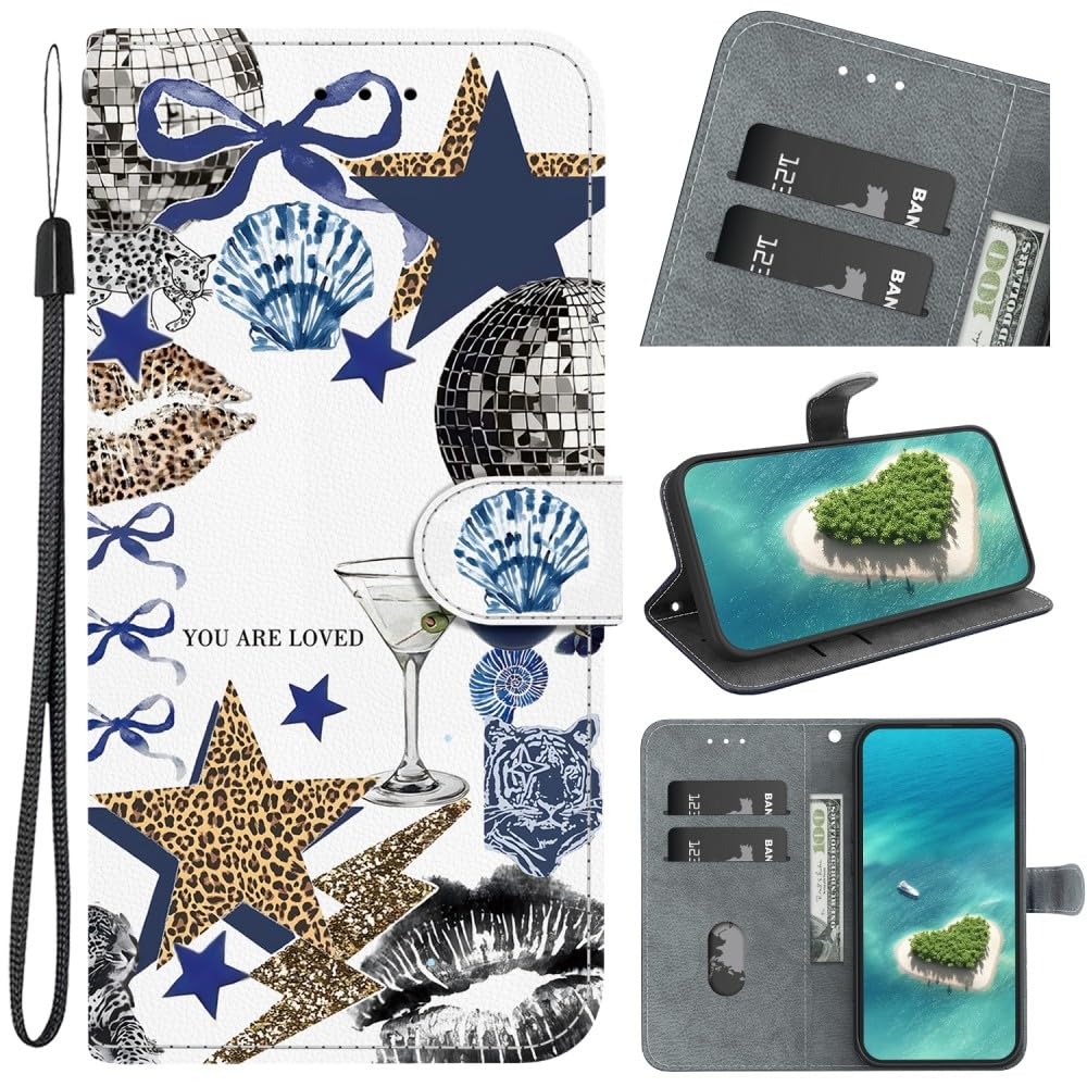 Generic Étui compatible avec iPhone 12/12 Pro (motif : léopard, étoiles, nœuds) étui portefeuille en cuir à rabat