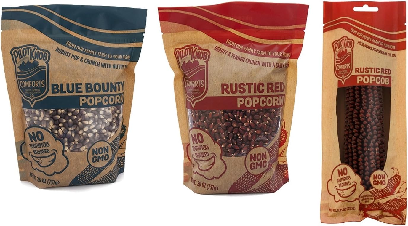 Pilot Knob Comforts Gourmet Organic Popcorn Kernels for Popcorn Machines, Microwave and Air Popper Popcorn Maker – Non-GMO, Fresh Heirloom Hulless Popcorn Seeds – Popcorn Variety Pack, 3 Packs