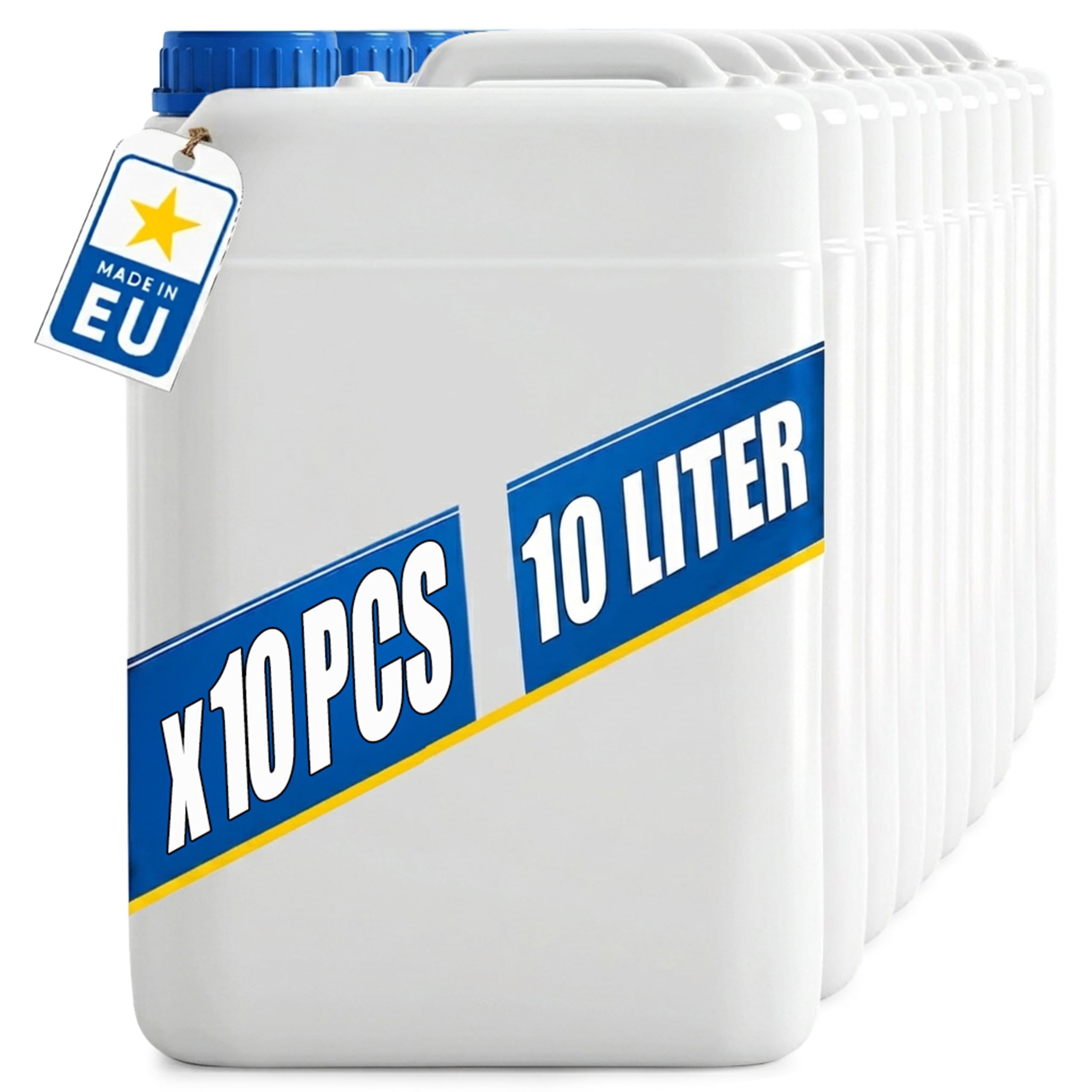 POSH Bidón de 10 x 10 l con tapón de rosca, recipiente transparente de polietileno de alta densidad para líquidos de agua y aceite, hermético y apilable, juego de bidón de plástico para el hogar