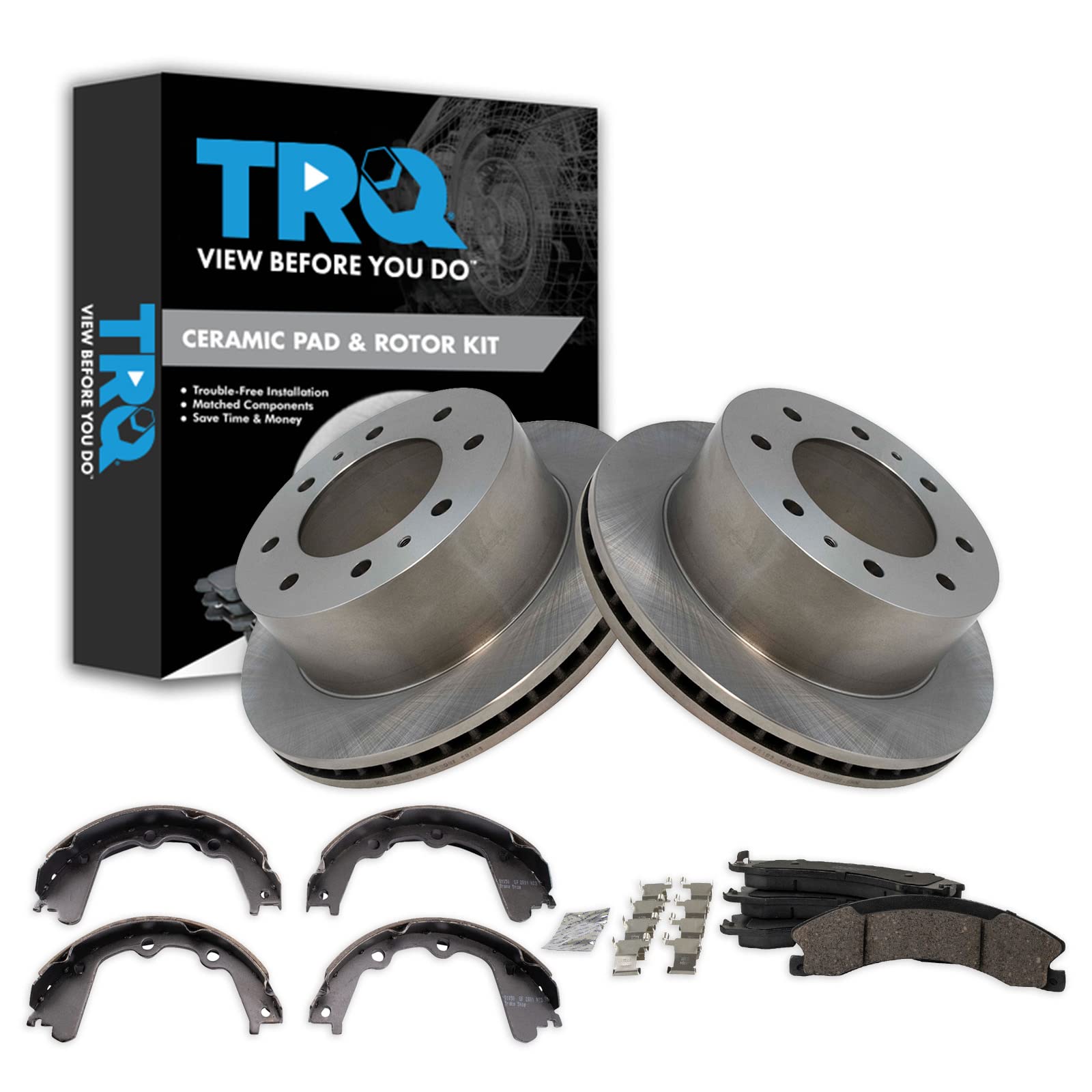 TRQ Rear Brake Pad &amp; Rotor Kit Ceramic Compatible with 2016-2019 Chevrolet Suburban 3500 HD