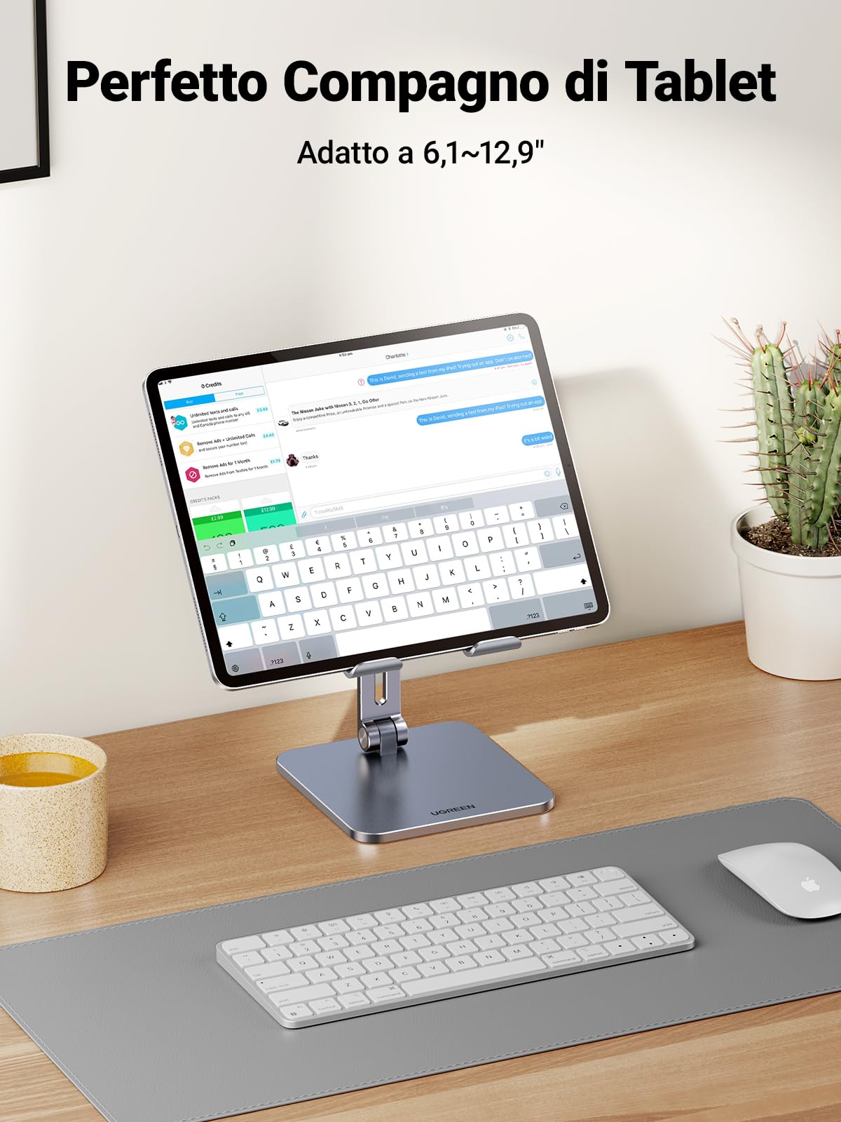 UGREEN Supporto Tablet Pieghevole da Tavolo, Porta Cellulare Scrivania per Pad con Doppie Angolo Alluminio Compatibile con iPad, Galaxy Tab e Altri da 12.9" Grigio